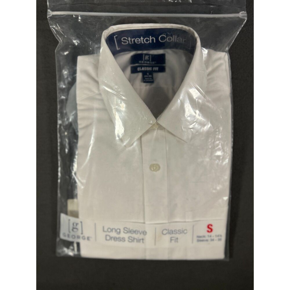 George Mens Small White Dress Shirt Long Sleeve Stretch Collar NWT Classic Fit